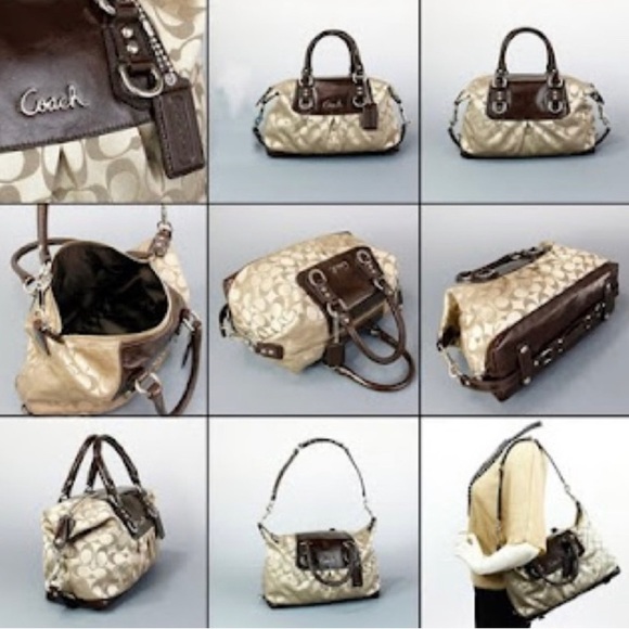 COACH Tan/Brown Ashley Signature Satin Satchel 2WAY Convertible Detachable Strap - Picture 2 of 14